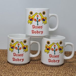 Dzien Dobry Polish Good Morning Stackable Mugs Set of 3 Rare Great Vintage Find